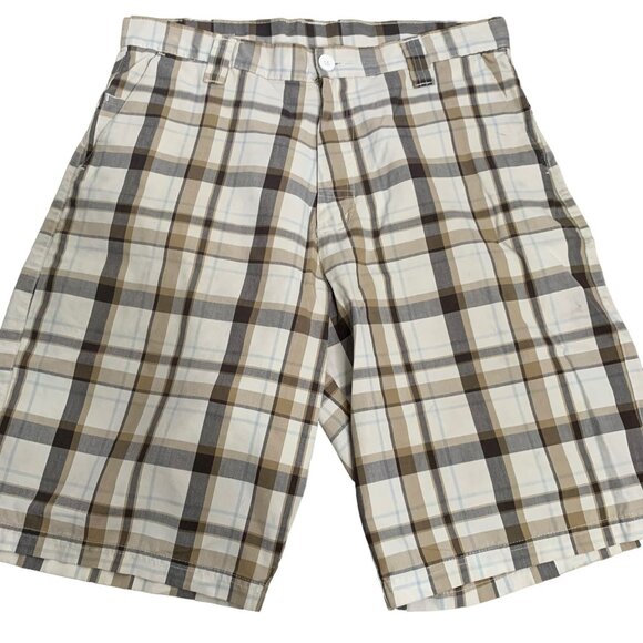 Burnside Flat Front Chino Shorts 32 Beige Plaid 5 Pocket Button Zip Belt Loops - Picture 1 of 5